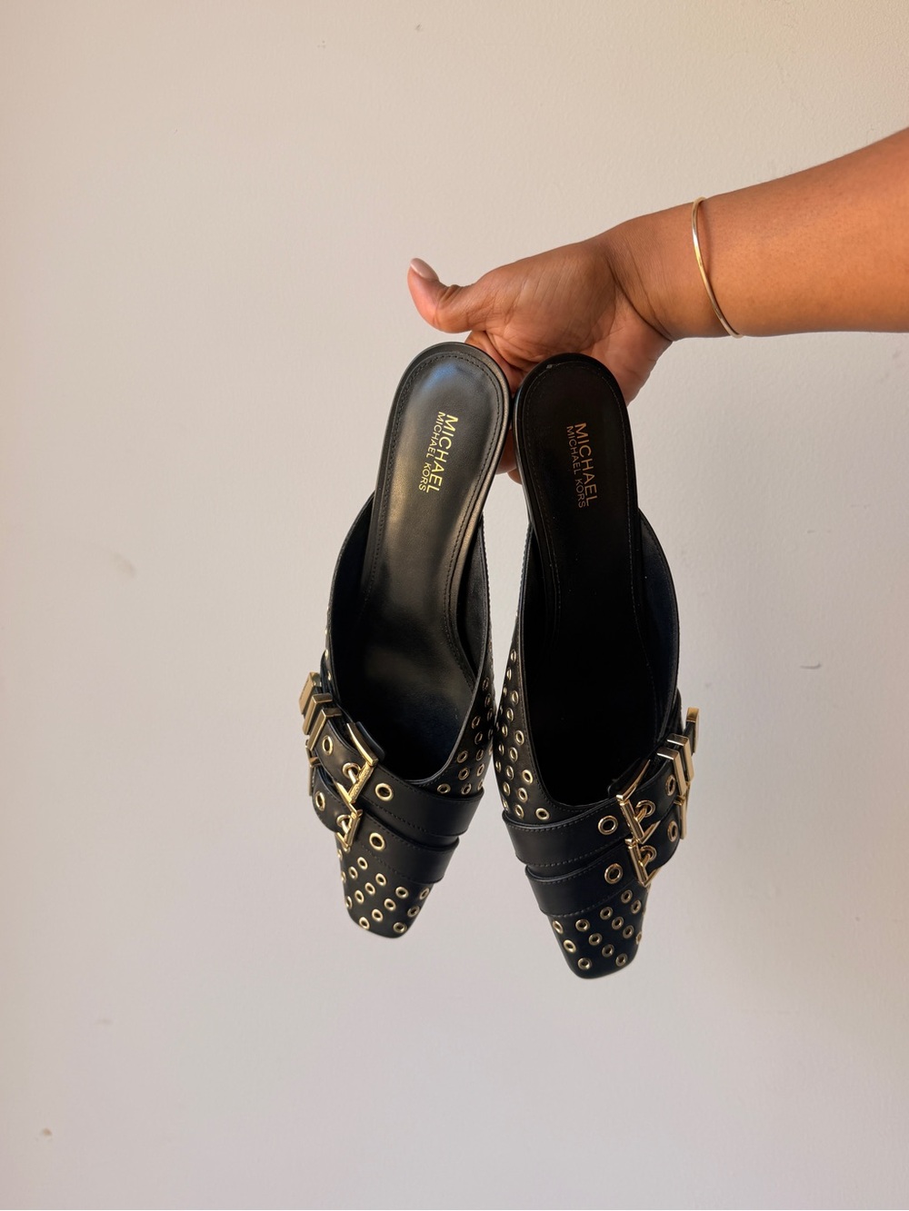 MICHAEL Michael Kors Black Leather Studded Buckle Mules - Picture 2 of 10